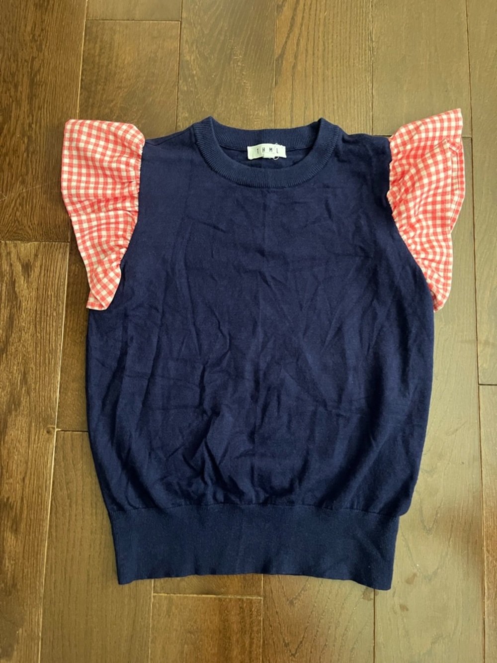 THML Navy Sleeveless Knit Top with Pink Gingham Ruffle Sleeves